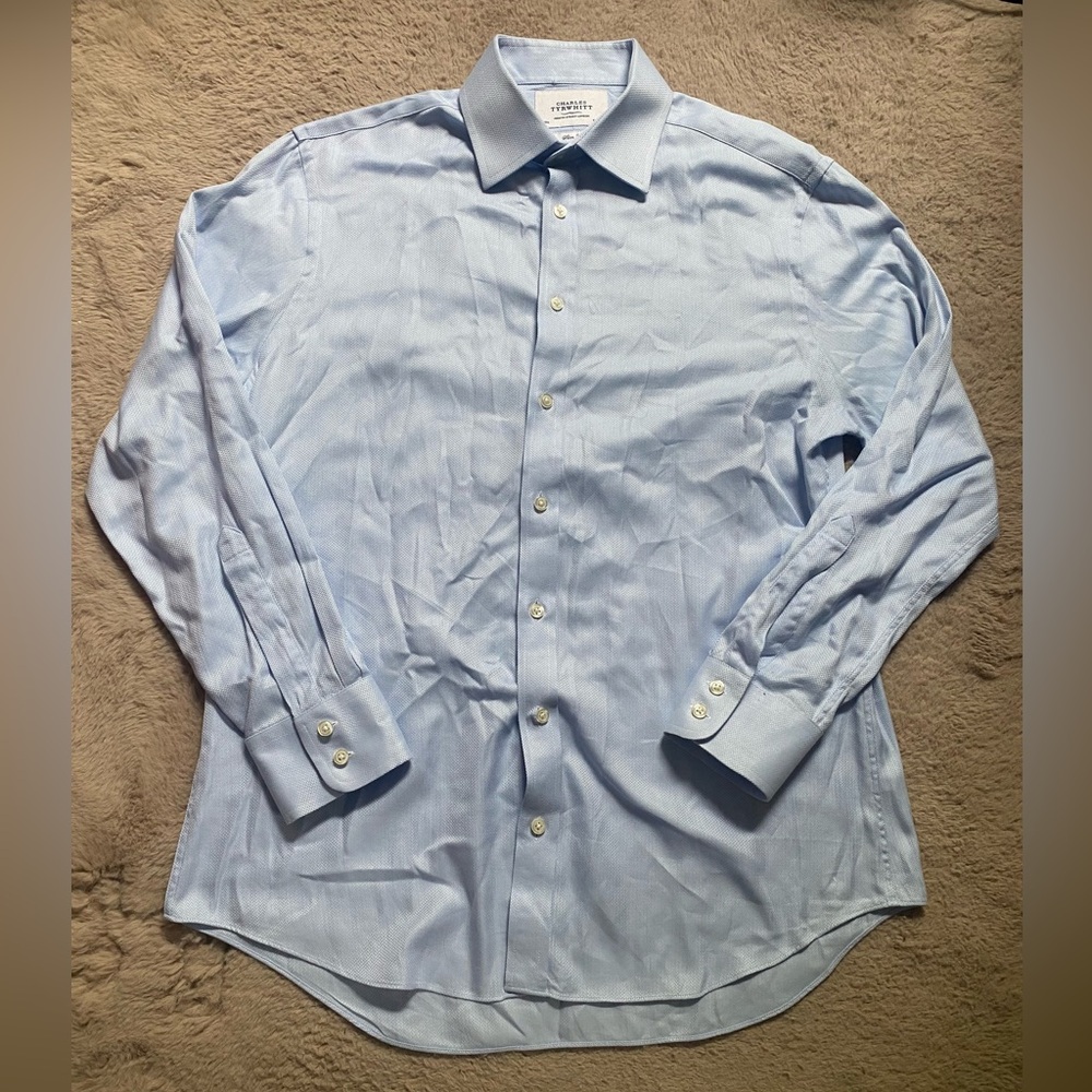 Charles Tyrwhitt Dress Shirt Men's 16 33 Blue Herring Bone Slim Fit Long Sleeve